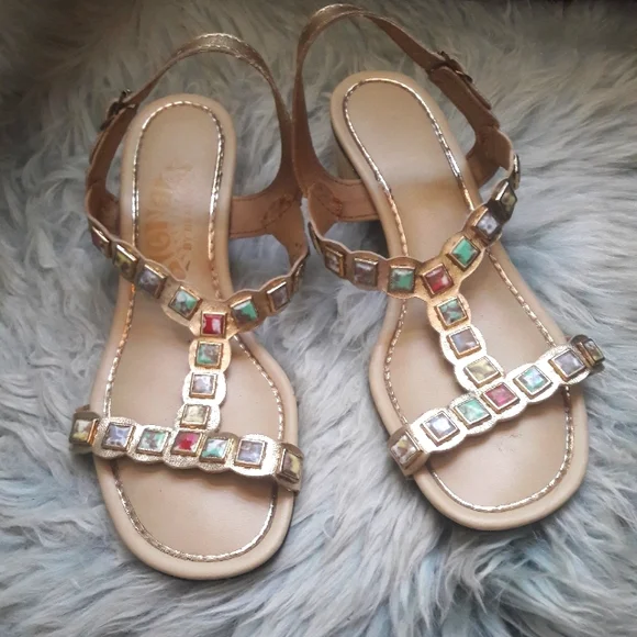 60s Vintage Mod Multi Colored JEWEL Studded Gold Lame Block Heel Sandals Size 7 - Picture 7 of 16